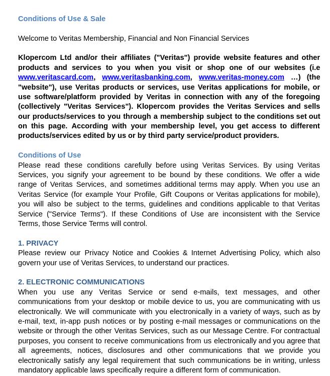 Veritas conditions of use