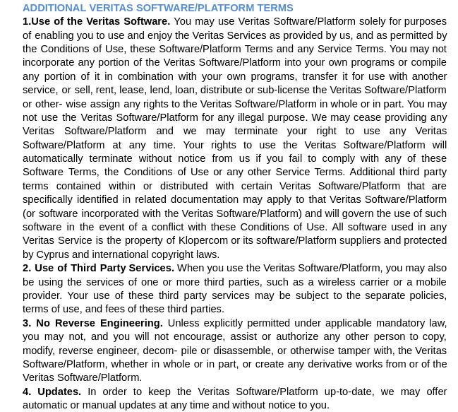 Veritas conditions of use