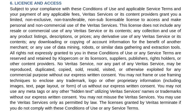 Veritas conditions of use