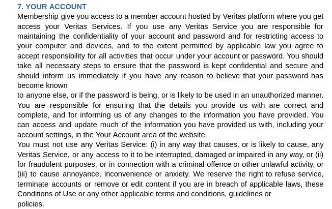 Veritas conditions of use