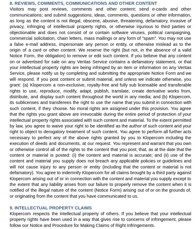 Veritas conditions of use