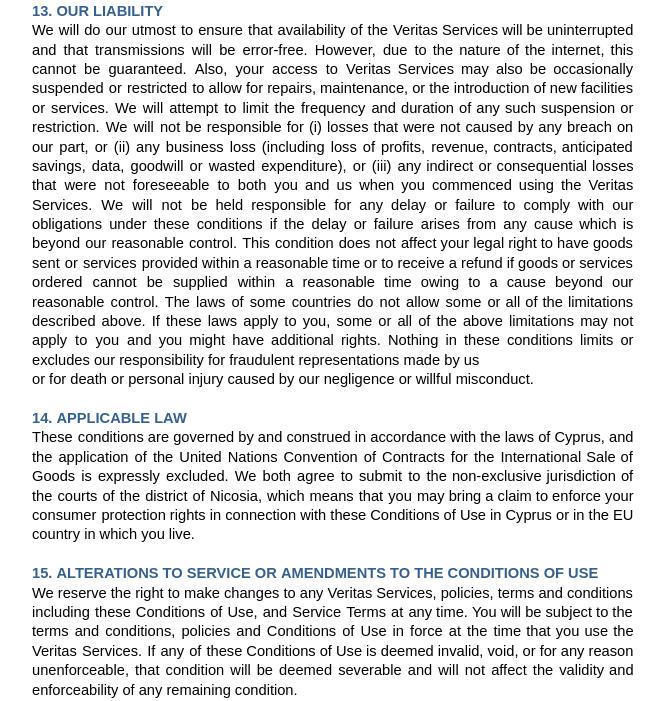 Veritas conditions of use